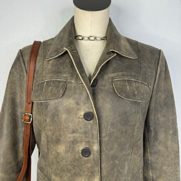 Vintage 90s Distressed Style Leather Trench Coat Button Front Size Medium - Picture 4 of 8